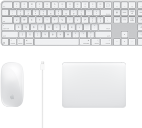 Bureau met Magic Mouse, USB-C-kabel, Magic Trackpad en Magic Keyboard met numeriek toetsenblok