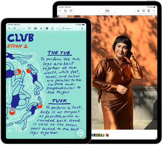 Twee iPad Air-modellen, formaten: 11-inch en 13-inch, op het 11-inch model is kleurige tekst te zien in de Notities-app, op het 13-inch model staat een foto van een persoon in de Foto’s-app