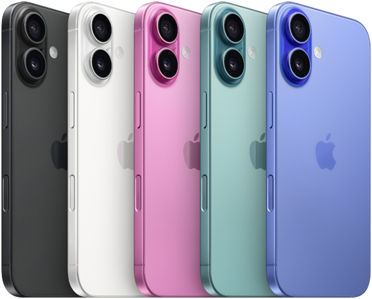 Achterkant van iPhone 16, verhoogd geavanceerd dual camera-systeem, Apple logo in het midden, alle vijf kleuren, zwart, wit, roze, blauwgroen, ultramarijn