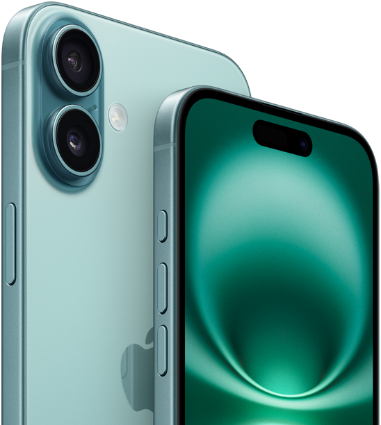 iPhone 16 Plus en iPhone 16, actieknop, volumeknoppen, zijknop en cameraregelaar, voorkant met all-screendesign, Dynamic Island in het midden aan de bovenkant, achterkant in de kleur blauwgroen, verhoogd geavanceerd dual camera-systeem linksboven, Apple logo in het midden