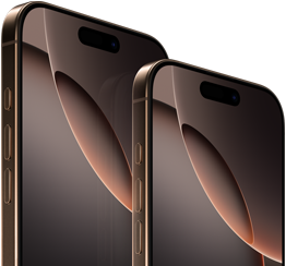 Voorkant van 6,9-inch iPhone 16 Pro Max en 6,3-inch iPhone 16 Pro, actieknop, volumeknoppen, Dynamic Island bovenaan in het midden