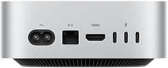 Achterkant van Mac mini, voedingspoort, Ethernet-poort, HDMI-poort, drie Thunderbolt-poorten