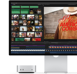 Mac mini gekoppeld aan Studio Display, met rechts op het scherm een beeld uit de film Black American Cowboy en links verschillende stills