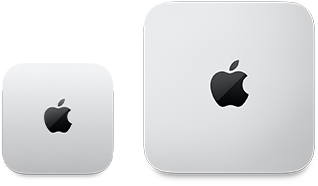Bovenkant van twee Mac mini’s, zilverkleurig aluminium, afgeronde hoeken, glanzend zwart Apple logo in het midden, device aan de linkerkant is een nieuwere versie en meer dan de helft kleiner dan het device aan de rechterkant