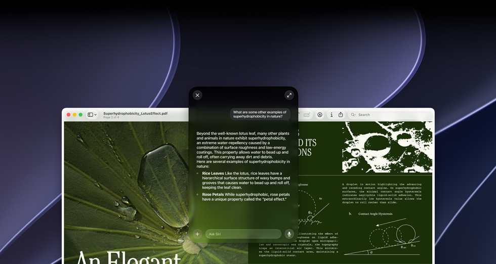 Demo van Siri en visuele AI, vraag van gebruiker over een onderwerp in een pdf op een Mac-scherm: What are some other examples of superhydrophobicity in nature? met antwoord van Siri