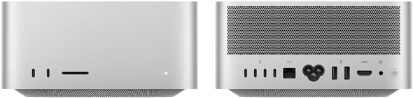Voorkant van Mac Studio, twee USB‑C-poorten, SDXC-kaartsleuf, statuslampje, taps toelopende onderkant, platte bovenkant, afgeronde zijkanten, rechte randen, kleur zilver, achterkant van Mac Studio, ventilatievlakken van geperforeerd aluminium, vier Thunderbolt 5-poorten, één Ethernet-poort, één voedingspoort, twee USB‑A-poorten, één HDMI-poort, één mini‑jack-aansluiting en aan/uit-knop