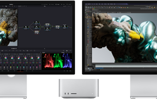Studio Display-scherm en Studio Display XDR-scherm aan weerszijden van Mac Studio, met in beeld tools en software voor artistieke 3D-modellering