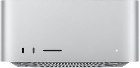Mac Studio, voorkant, twee USB‑C-poorten, SDXC-kaartsleuf, statuslampje, taps toelopende onderkant, platte bovenkant, afgeronde hoeken, rechte randen, kleur zilver