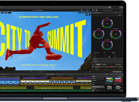 Gedeeltelijk scherm van MacBook Air met een video die wordt bewerkt om de prestaties van de M5‑chip te laten zien