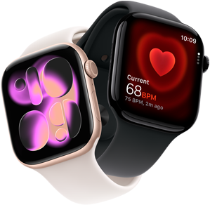 Apple Watch Series 11, roségoudkleurig aluminium, wijzerplaat Responsive Art, rechterkant: Digital Crown, microfoon, zijknop, rosé sportbandje, Apple Watch Series 11, gitzwart aluminium, Hartslag-app, huidig aantal slagen per minuut, rechterkant: Digital Crown, zwart sportbandje