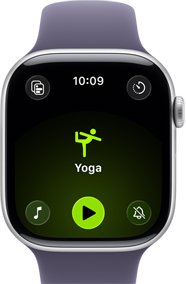 Apple Watch Series 11, kast van zilverkleurig aluminium, work-out Yoga geopend, rechterkant: Digital Crown, zachtpaars sportbandje