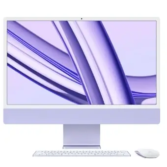 iMac met paars scherm, toetsenbord en muis